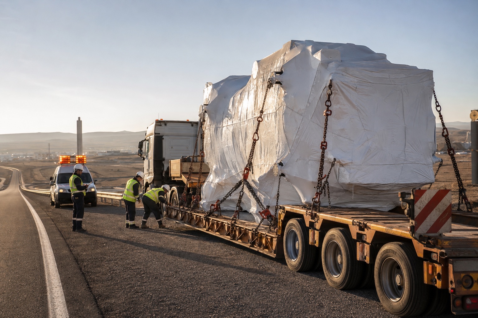 Lowbed üzerinde güvenli şekilde sabitlenmiş proje yükü ve saha ekibi